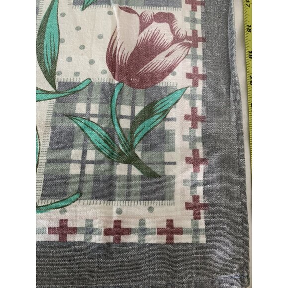 Vintage Woven Cotton Screen Print TULIPS 1960s Kitchen Tea Towel Gray Green Wine - Picture 2 of 7